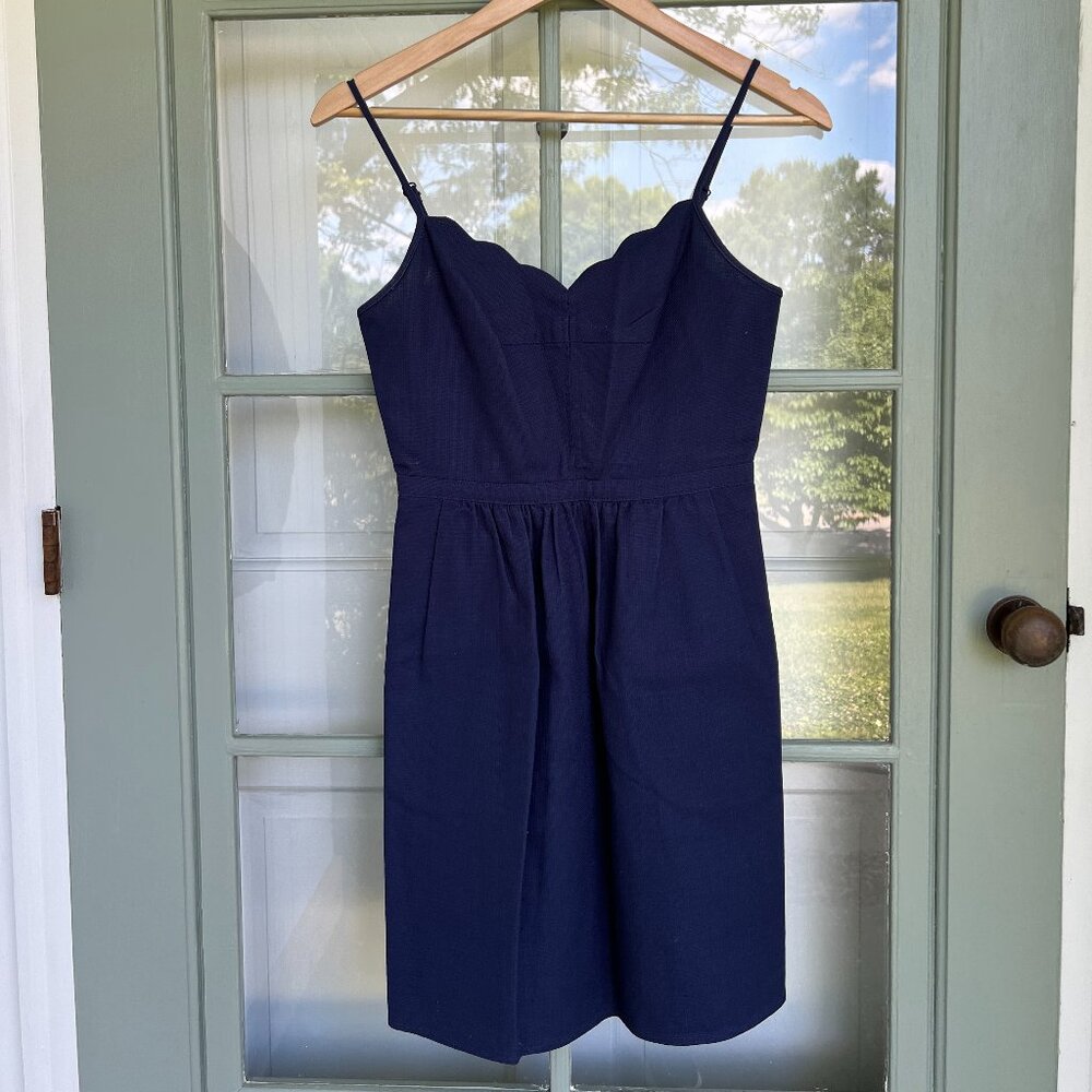 J. Crew Dress Women 0 Navy Scalloped Cami Spaghetti Strap Lined Party Co…